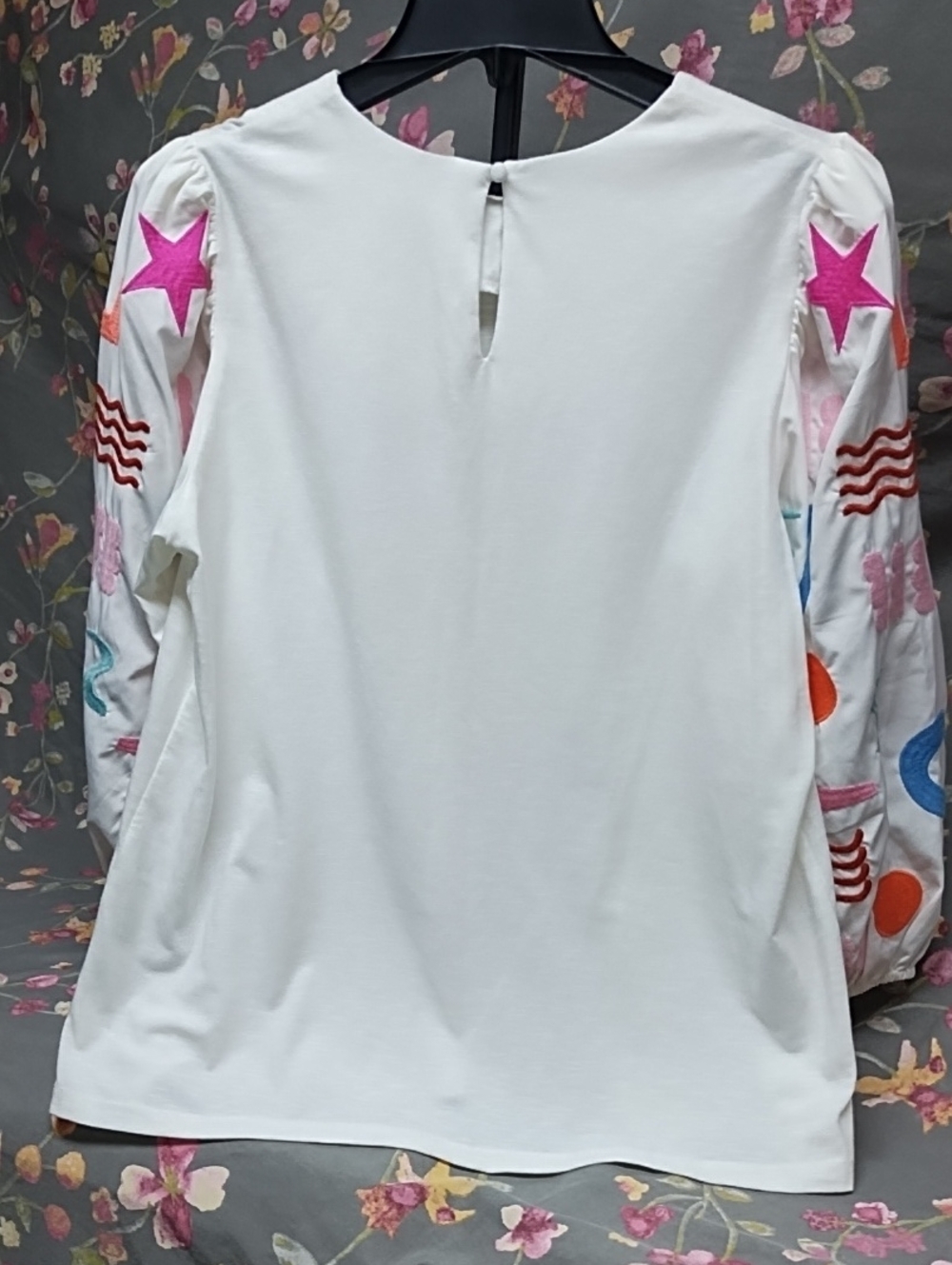 THML White Long Sleeve Tee with Multicolor Embroidered Puff Sleeves - Picture 6 of 6